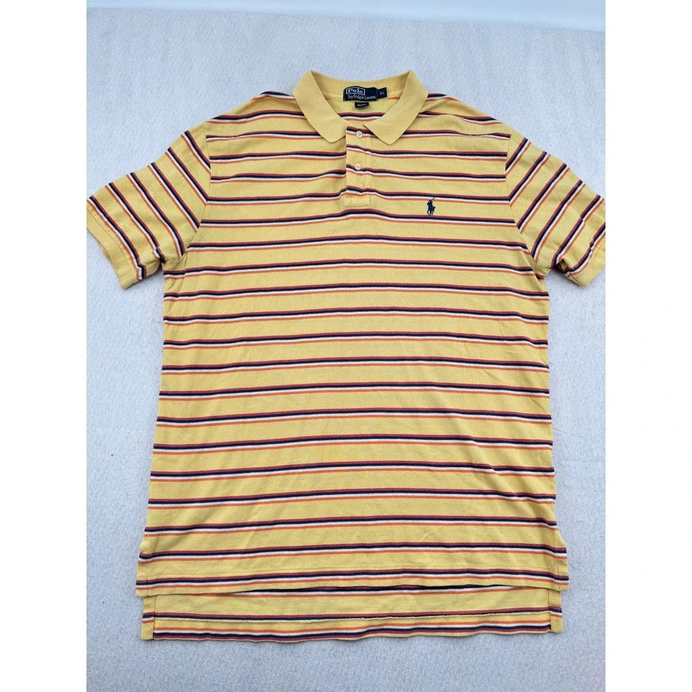 Polo Ralph Lauren Mens XL Short Sleeve Cotton Pique Polo Yellow Striped Preppy